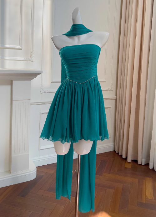 Vestido de fiesta corto de gasa sin tirantes, corte A, color azul lago, vestido de regreso a casa azul lago ED01154