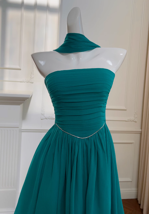 Vestido de fiesta corto de gasa sin tirantes, corte A, color azul lago, vestido de regreso a casa azul lago ED01154