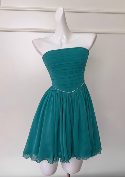 Vestido de fiesta corto de gasa sin tirantes, corte A, color azul lago, vestido de regreso a casa azul lago ED01154
