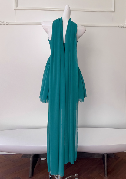 Vestido de fiesta corto de gasa sin tirantes, corte A, color azul lago, vestido de regreso a casa azul lago ED01154