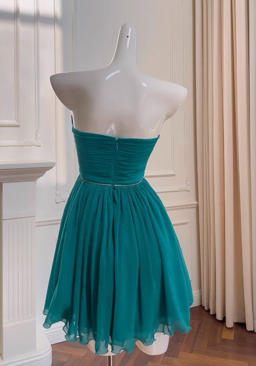 Vestido de fiesta corto de gasa sin tirantes, corte A, color azul lago, vestido de regreso a casa azul lago ED01154