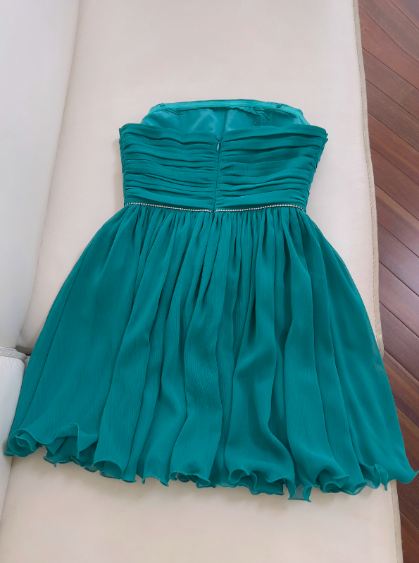 Vestido de fiesta corto de gasa sin tirantes, corte A, color azul lago, vestido de regreso a casa azul lago ED01154