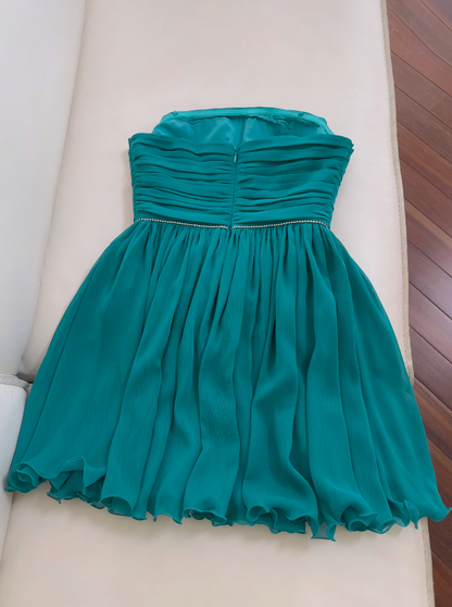 Vestido de fiesta corto de gasa sin tirantes, corte A, color azul lago, vestido de regreso a casa azul lago ED01154