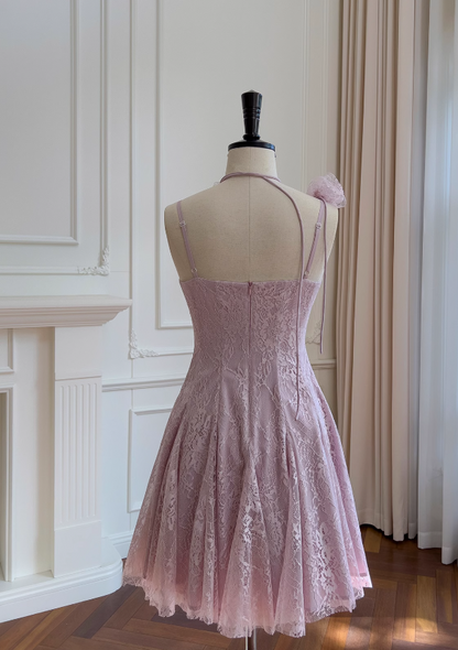 Vestido de fiesta corto de encaje con tirantes finos en color morado claro, vestido de fiesta morado ED01155