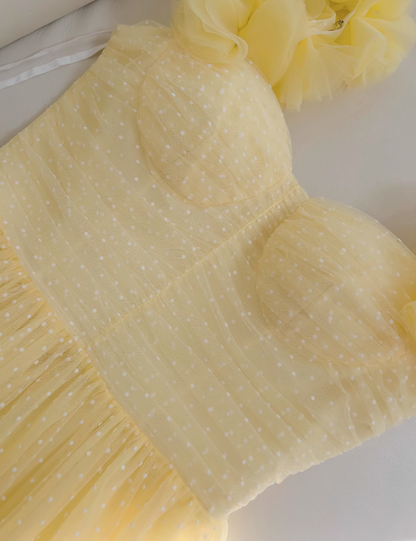 Vestido de fiesta corto de tul amarillo con escote en forma de A y escote corazón, vestido de bienvenida amarillo ED01156