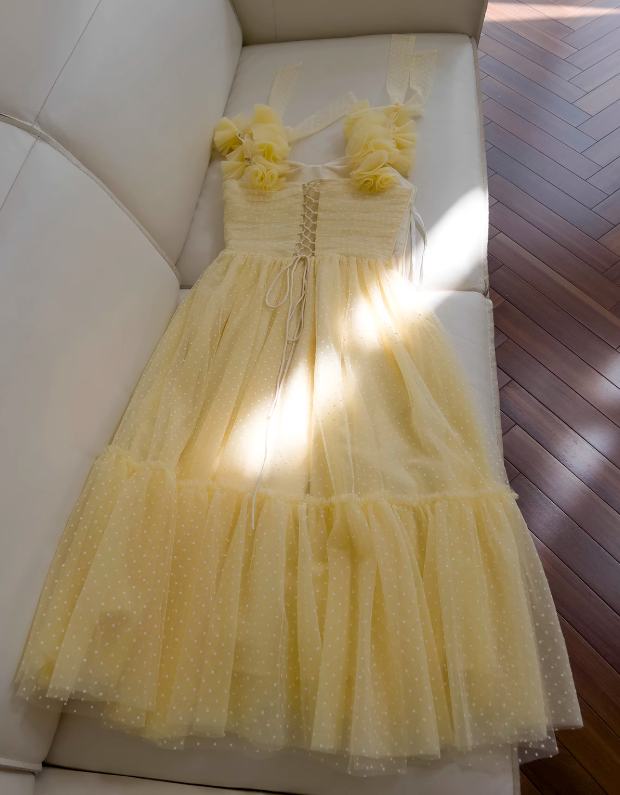 Vestido de fiesta corto de tul amarillo con escote en forma de A y escote corazón, vestido de bienvenida amarillo ED01156