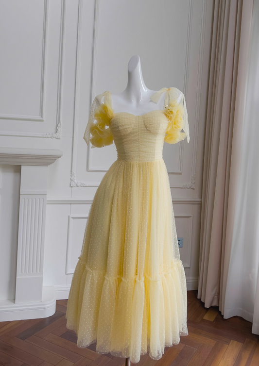 Vestido de fiesta corto de tul amarillo con escote en forma de A y escote corazón, vestido de bienvenida amarillo ED01156