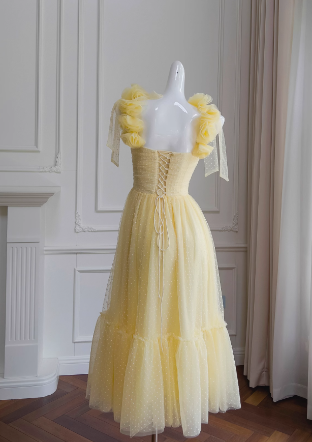 Vestido de fiesta corto de tul amarillo con escote en forma de A y escote corazón, vestido de bienvenida amarillo ED01156