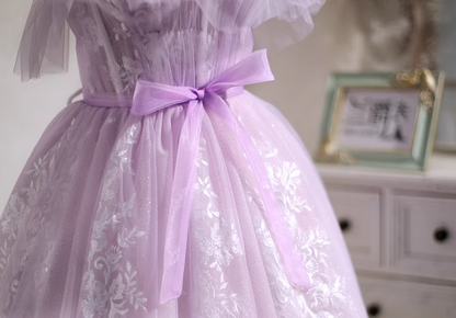 Vestido de fiesta corto de tul con escote en forma de A y encaje morado, vestido de fiesta morado ED01157