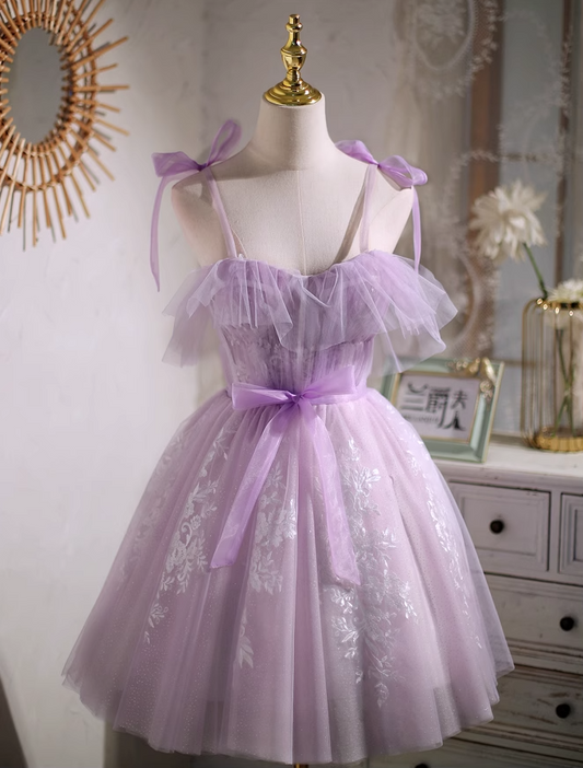 Vestido de fiesta corto de tul con escote en forma de A y encaje morado, vestido de fiesta morado ED01157