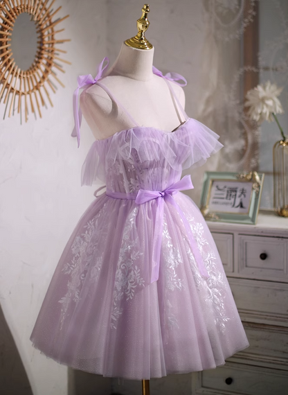 Vestido de fiesta corto de tul con escote en forma de A y encaje morado, vestido de fiesta morado ED01157