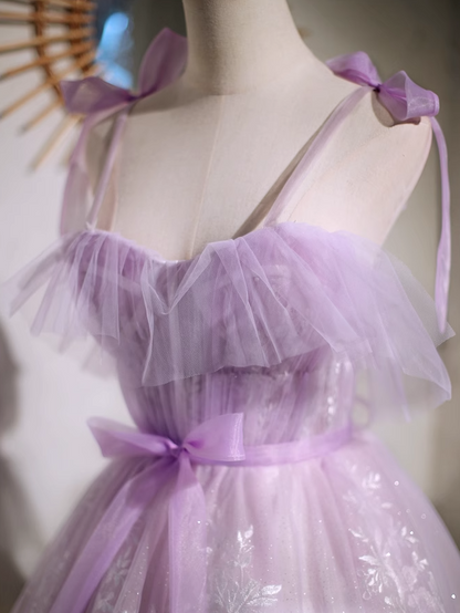 Vestido de fiesta corto de tul con escote en forma de A y encaje morado, vestido de fiesta morado ED01157
