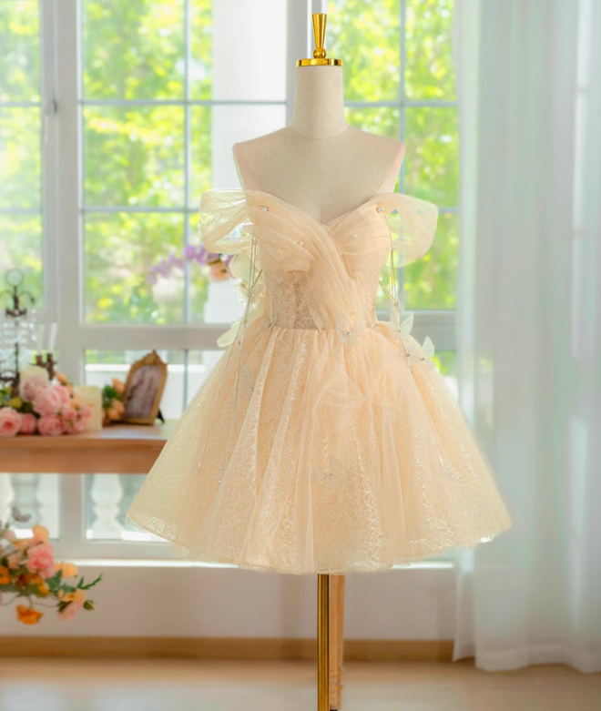 Champagne A-line off shoulder tulle lace short prom dress, champagne homecoming dress ED01158