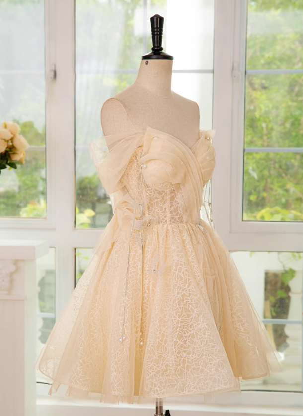 Champagne A-line off shoulder tulle lace short prom dress, champagne homecoming dress ED01158