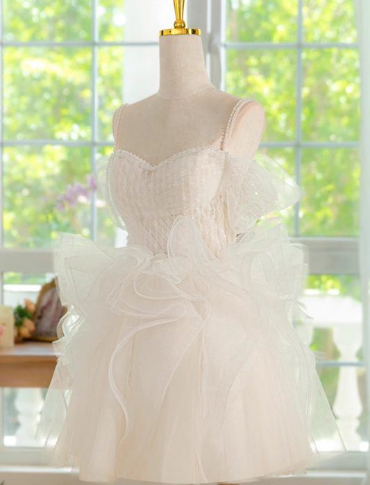 Vestido de fiesta corto de tul con encaje y hombros descubiertos, corte en A, color blanco, vestido de bienvenida blanco ED01159