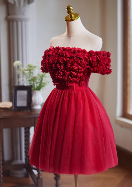 Vestido de fiesta corto de tul burdeos con corte en A y hombros descubiertos, vestido de fiesta burdeos para compromiso y regreso a casa ED01160