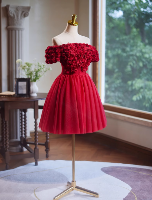Vestido de fiesta corto de tul burdeos con corte en A y hombros descubiertos, vestido de fiesta burdeos para compromiso y regreso a casa ED01160