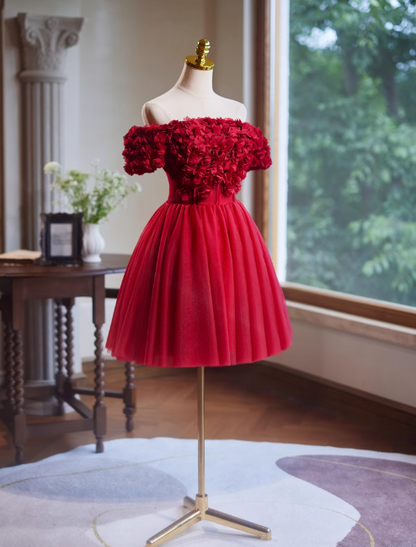 Vestido de fiesta corto de tul burdeos con corte en A y hombros descubiertos, vestido de fiesta burdeos para compromiso y regreso a casa ED01160