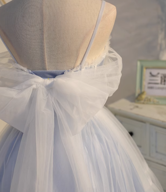 Vestido de fiesta corto azul claro de tul con encaje y cuentas, corte A, vestido de fiesta azul claro ED01161