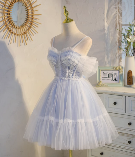 Vestido de fiesta corto azul claro de tul con encaje y cuentas, corte A, vestido de fiesta azul claro ED01161