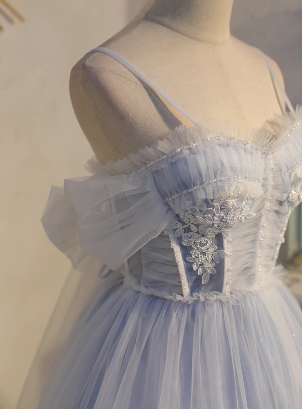 Vestido de fiesta corto azul claro de tul con encaje y cuentas, corte A, vestido de fiesta azul claro ED01161
