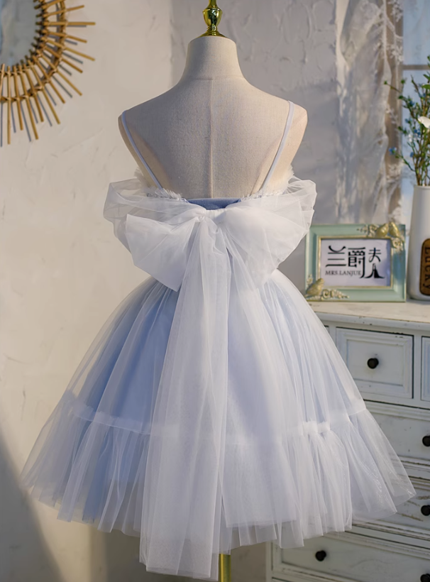 Vestido de fiesta corto azul claro de tul con encaje y cuentas, corte A, vestido de fiesta azul claro ED01161