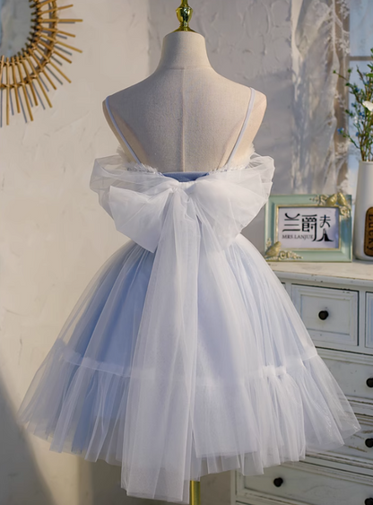 Vestido de fiesta corto azul claro de tul con encaje y cuentas, corte A, vestido de fiesta azul claro ED01161