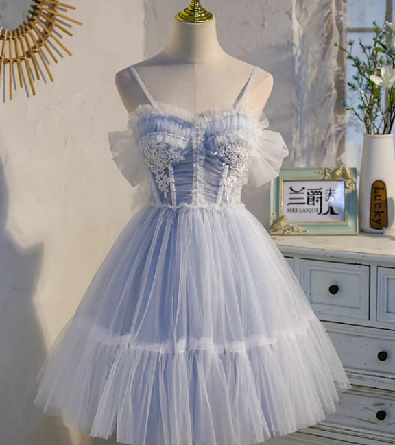Vestido de fiesta corto azul claro de tul con encaje y cuentas, corte A, vestido de fiesta azul claro ED01161