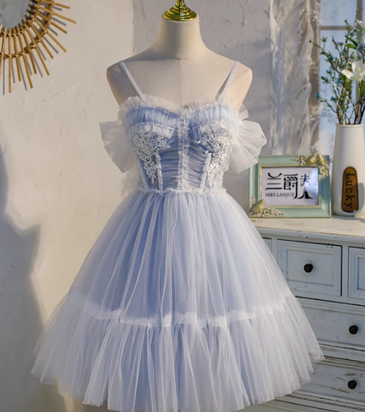 Vestido de fiesta corto azul claro de tul con encaje y cuentas, corte A, vestido de fiesta azul claro ED01161