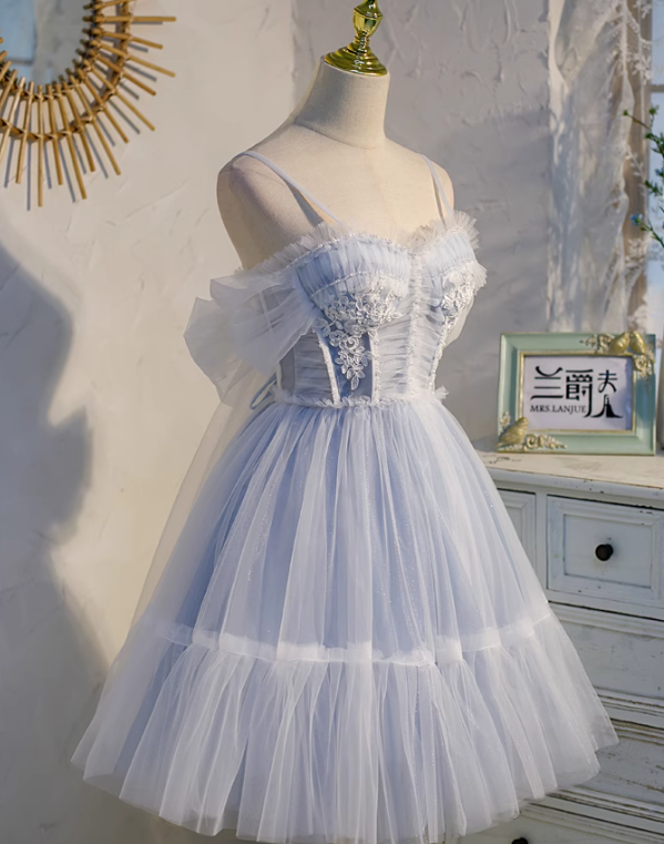Vestido de fiesta corto azul claro de tul con encaje y cuentas, corte A, vestido de fiesta azul claro ED01161