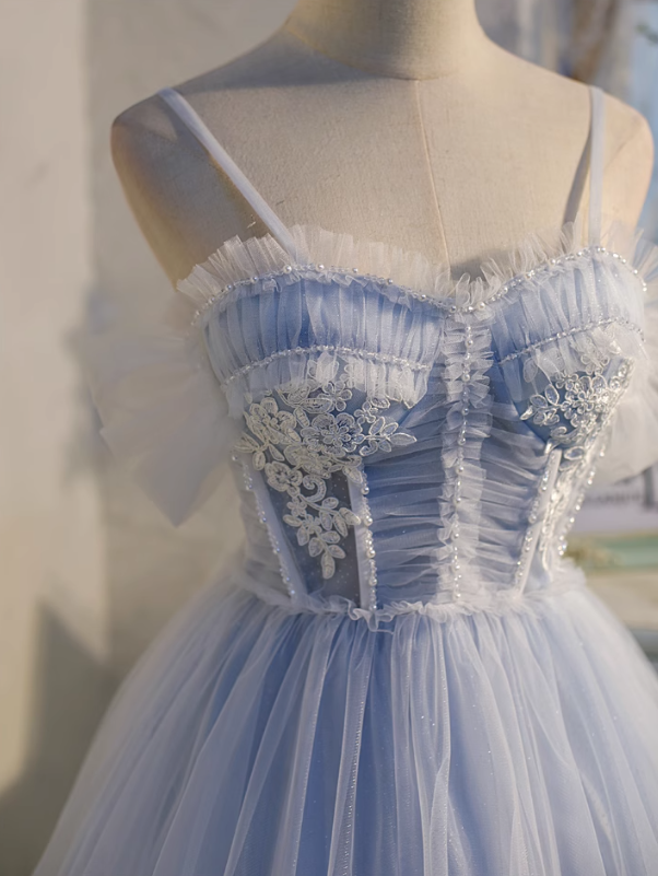 Vestido de fiesta corto azul claro de tul con encaje y cuentas, corte A, vestido de fiesta azul claro ED01161