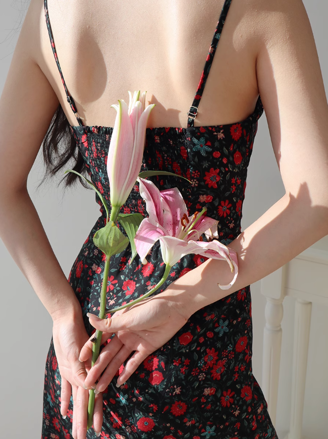 Vestido retro con tirantes florales, estilo festivo, ED01169