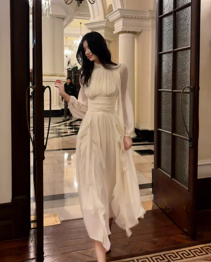 Vestido elegante francés de manga larga en blanco roto ED01170