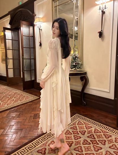 Vestido elegante francés de manga larga en blanco roto ED01170