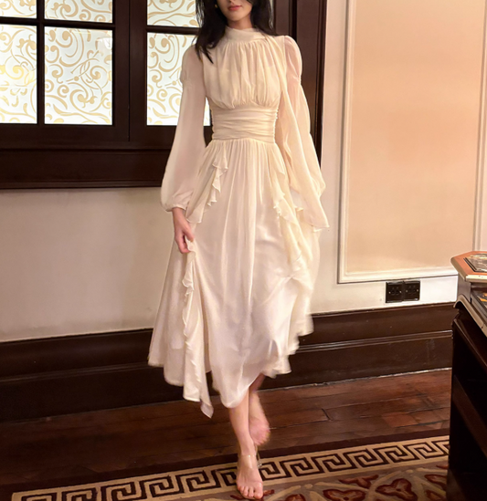 Vestido elegante francés de manga larga en blanco roto ED01170