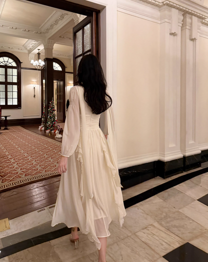 Vestido elegante francés de manga larga en blanco roto ED01170