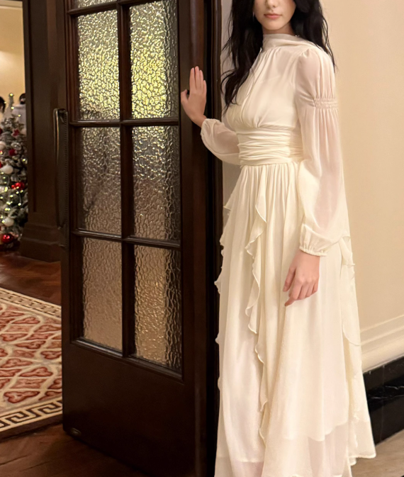 Vestido elegante francés de manga larga en blanco roto ED01170