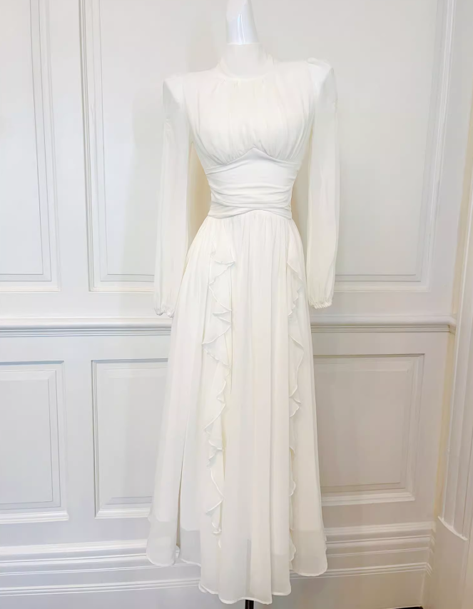 Vestido elegante francés de manga larga en blanco roto ED01170