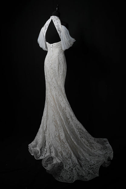 Vestido de fiesta largo de encaje sirena blanco, vestido de novia blanco ED01175