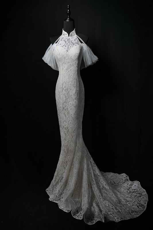 Vestido de fiesta largo de encaje sirena blanco, vestido de novia blanco ED01175