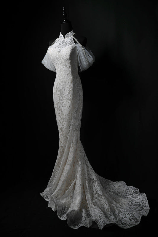 Vestido de fiesta largo de encaje sirena blanco, vestido de novia blanco ED01175