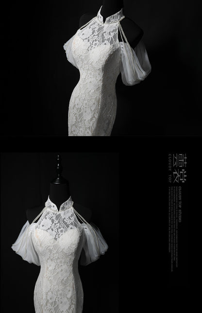 Vestido de fiesta largo de encaje sirena blanco, vestido de novia blanco ED01175