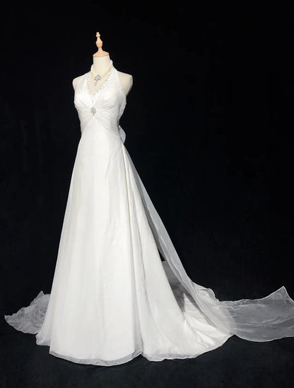 Vestidos de fiesta largos de satén con cuello halter y cuentas, corte sirena blanco, vestidos de novia blancos ED01182