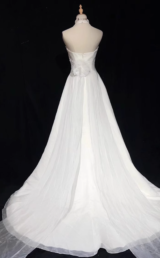 Vestidos de fiesta largos de satén con cuello halter y cuentas, corte sirena blanco, vestidos de novia blancos ED01182
