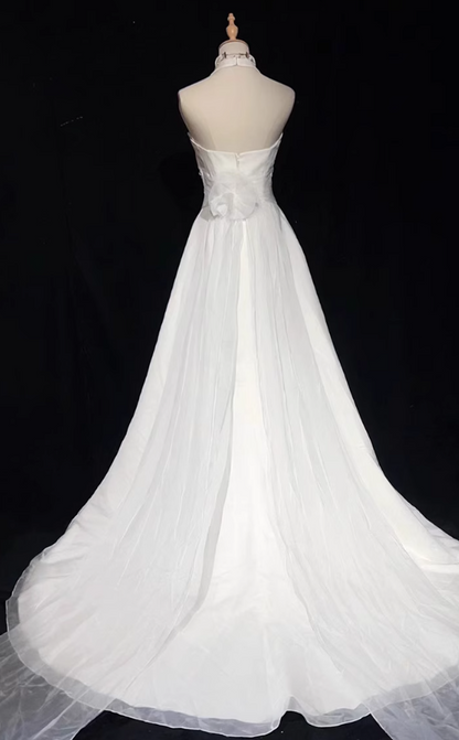 Vestidos de fiesta largos de satén con cuello halter y cuentas, corte sirena blanco, vestidos de novia blancos ED01182