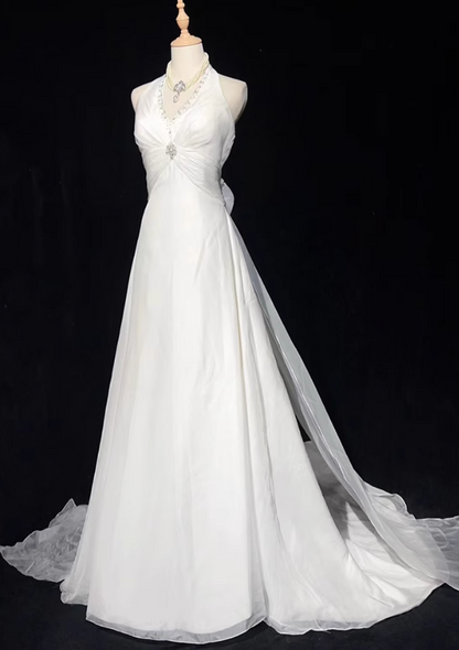 Vestidos de fiesta largos de satén con cuello halter y cuentas, corte sirena blanco, vestidos de novia blancos ED01182