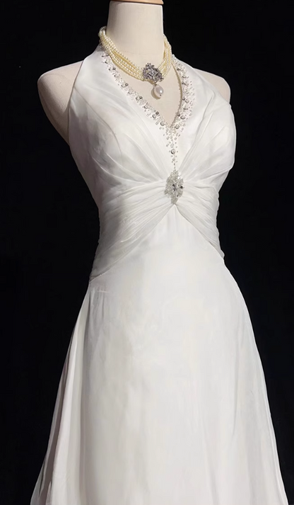 Vestidos de fiesta largos de satén con cuello halter y cuentas, corte sirena blanco, vestidos de novia blancos ED01182