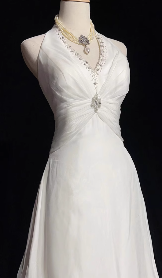 Vestidos de fiesta largos de satén con cuello halter y cuentas, corte sirena blanco, vestidos de novia blancos ED01182