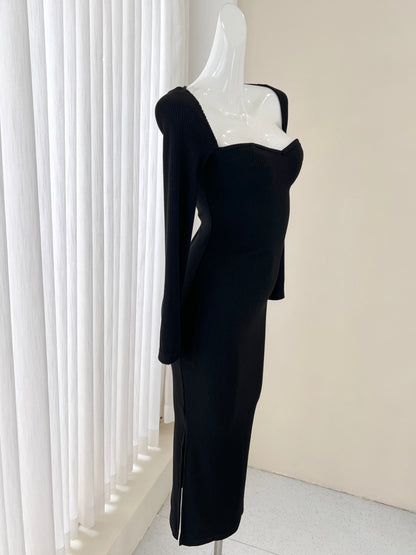 Elegante vestido negro de manga larga, vestido de cumpleaños ED01184