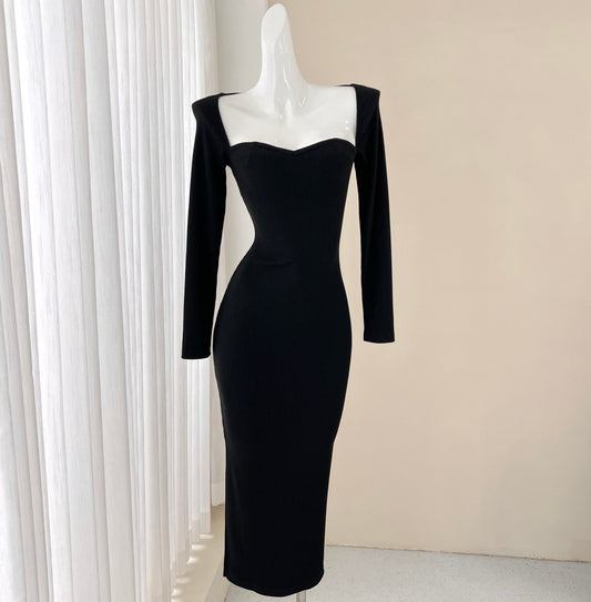 Elegante vestido negro de manga larga, vestido de cumpleaños ED01184